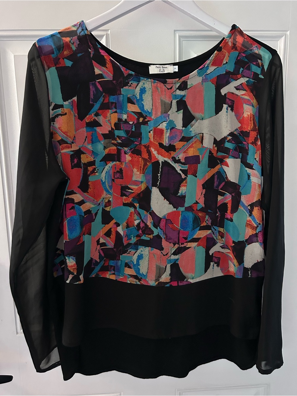 Paul Brial Abstract Multi-Color Print Black Long-Sleeve Blouse